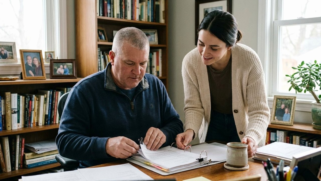 Veteran and younger colleague filling a binder in a home office
