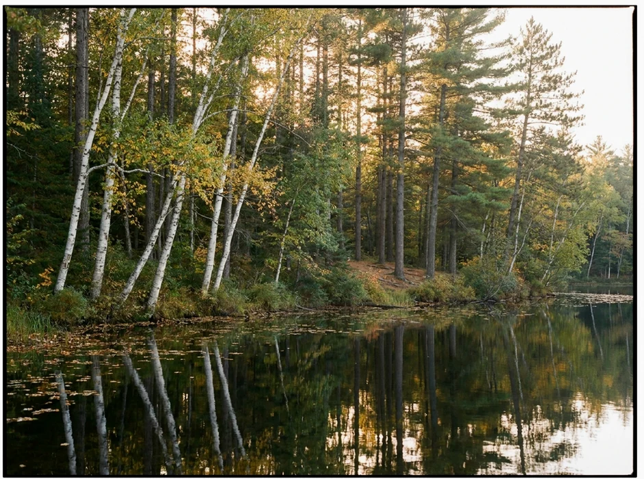 Lakeshore with birch and pine trees, early fall, United States.